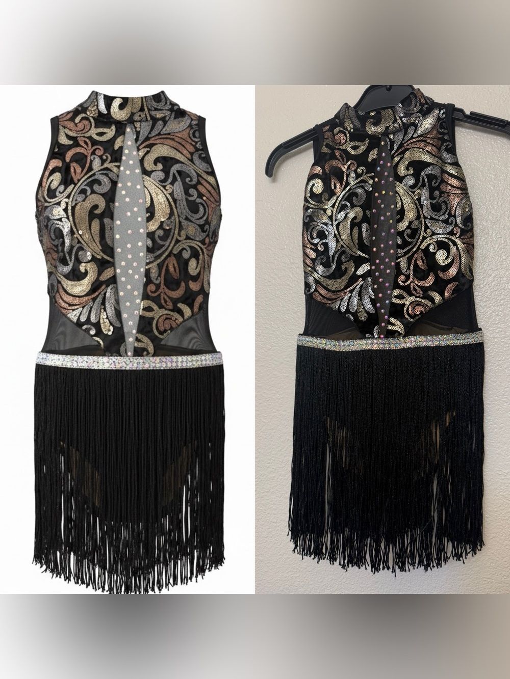 Ilo Gear glam black custom dance costume leotard rhinestoned velvet fringe LC
